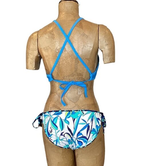 Aerie High Neck Halter Top L & Reversible String Bikini Bottom Blue White 291C - Picture 10 of 13